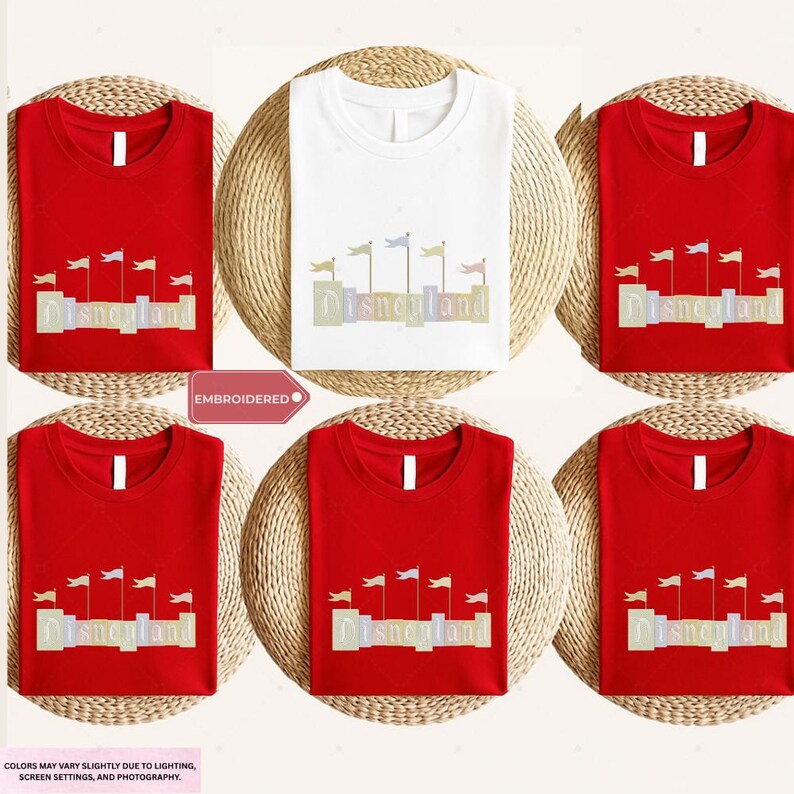 a collection of red t-shirts with the word "Disneyland" printed on them, arranged in a grid pattern.