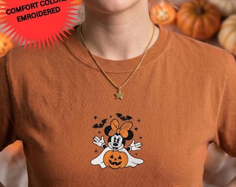 Halloween Ghost Minnie Mouse Embroidery Comfort Colors Shirt, Spooky Pumpkin Bats Tshirt, Retro Disney Autumn Tee