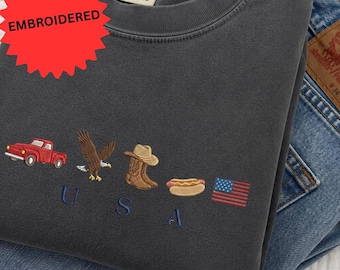 Embroidered USA Icons Comfort Colors Sweatshirt, 4th of July Country Crewneck, Vintage American Flag Embroidered