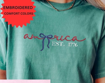 Independence Day Embroidered Shirt Comfort Colors, Patriotic USA Flag Bow Tee, 4th Of July Summer Celebration Tshirt Embroidery