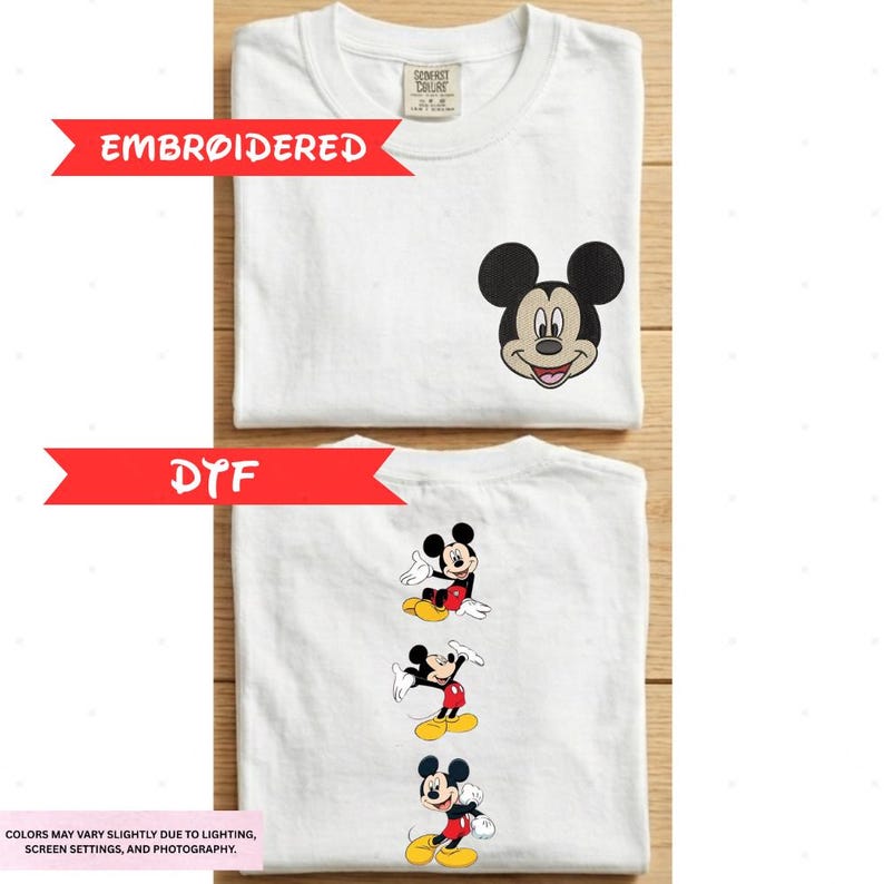 a white t-shirt with a Mickey Mouse design and text indicating that it is embroidered.