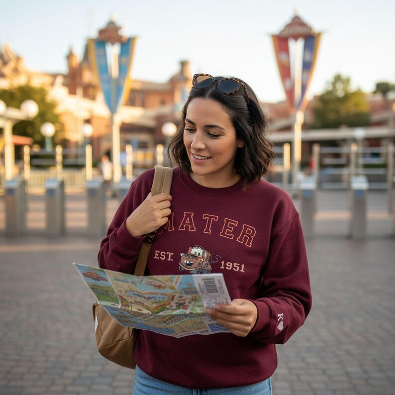 A woman in a maroon sweatshirt is looking at a map, possibly trying to navigate or find a specific location.