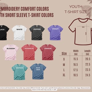 a collection of youth t-shirt colors and sizes, along with a chart that provides the corresponding measurements.
