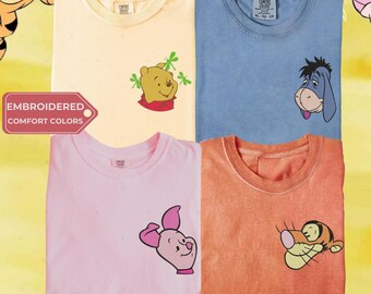 Embroidered Winnie The Pooh Shirt, Comfort Colors Disney Trip Shirts, Pooh And Friends, Aesthetic Disney Embroidery T-Shirt