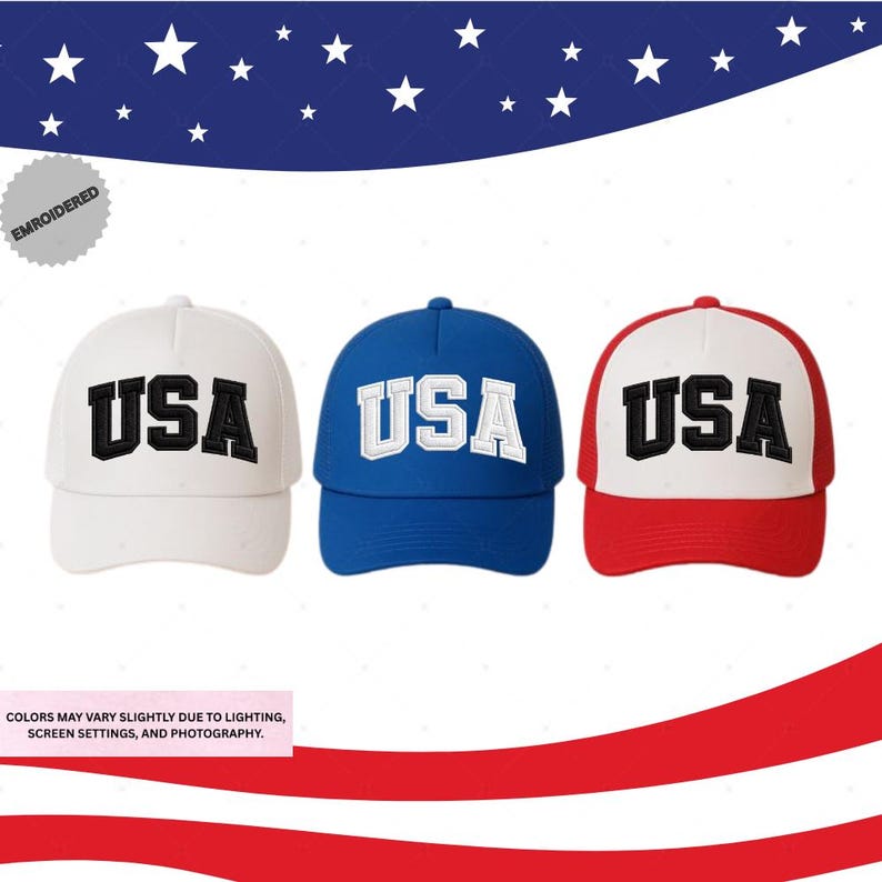 Three baseball caps with the word "USA" printed on them, arranged in a row against a background of stars and stripes.