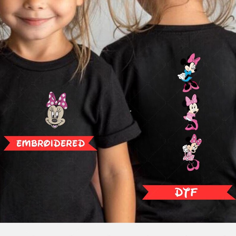 a young girl wearing a black t-shirt with a Minnie Mouse design on the front and the back.