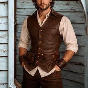 Herr Läderväst Brun, Piratvästkostym, Renässansväst, Medeltida Läderväst, Steampunk-outfit, Vintage Westernväst