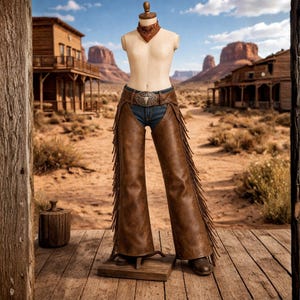 May include: A mannequin wearing a Western-style outfit. It features brown leather chaps with fringe, blue jeans, a belt with a bull buckle, and a brown bandana. The background shows a desert landscape with buildings.