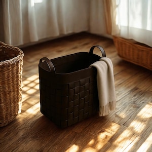 Cesta de almacenamiento de cuero negro, cesta de cuero tejido, organizador moderno para el hogar, cesta para mantas, cesta de almacenamiento minimalista, cesta hecha a mano