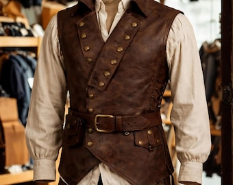 Chaleco medieval de cuero con cinturón – Chaleco de armadura renacentista para LARP – Chaleco de cuero de pirata vikingo – Disfraz de fantasía hecho a mano