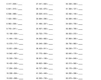 Hojas de ejercicios de suma de 3x3 para tercer grado / Práctica de matemáticas de 5 páginas con clave de respuestas