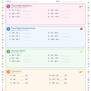 May include: A 2nd Grade Math Fun worksheet featuring sections for two-digit addition, two-digit subtraction, mental math, and comparison problems. The page includes a sun, a rainbow, and colorful borders with stars and flowers.