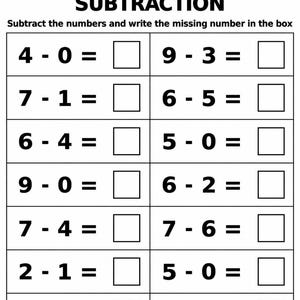 May include: A black and white educational subtraction worksheet featuring the title SUBTRACTION and the instruction Subtract the numbers and write the missing number in the box. It contains fourteen math problems with empty boxes for answers.