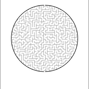 May include: A black and white circular maze puzzle printed on a white background. The maze features a complex network of intersecting lines and paths enclosed within a thick black circular border. The text 'Maze 1: Circle Maze' is centered above.