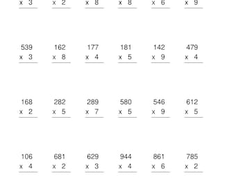 Hojas de ejercicios de multiplicación de números de 3 dígitos por 1 dígito para 4.º y 5.º grado con clave de respuestas.