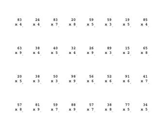 Hoja de ejercicios de multiplicación de números de 2 dígitos por 1 dígito para 4.º grado (PDF / 10 páginas imprimibles + clave de respuestas)