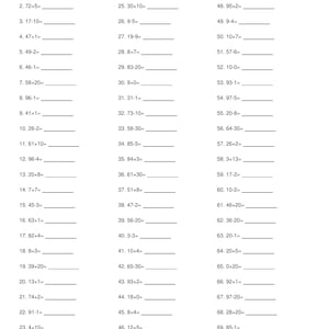 Può includere: Un foglio di lavoro in bianco e nero intitolato "First Grade Addition & Subtraction - Page 1". Il foglio di lavoro contiene 69 problemi di matematica, ciascuno con un'equazione di addizione o sottrazione seguita da una riga vuota per la risposta.