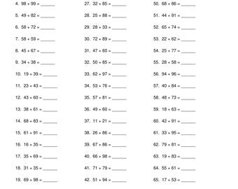 2.º grado / 10 páginas de hojas de ejercicios de suma de números de 2x2 dígitos en formato PDF