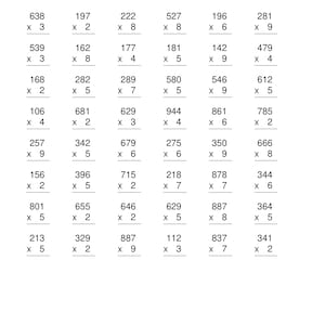 Può includere: Un foglio di esercizi di matematica in bianco e nero intitolato Math: Multiplication con righe vuote per nome e data in alto. La pagina contiene quarantotto moltiplicazioni a tre cifre per una cifra, disposte in otto righe e sei colonne, con una riga per il punteggio.