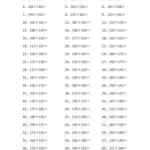 Può includere: Un foglio di esercizi didattici in bianco e nero intitolato 3-Digit Addition 1, contenente sessanta problemi di matematica numerati disposti in tre colonne. Ogni riga mostra un numero a tre cifre sommato a un altro con un segno uguale.