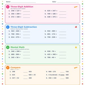 Könnte beinhalten: Ein 3rd Grade Math Fun Arbeitsblatt, Seite 1 von 10, mit Abschnitten für dreistellige Addition, dreistellige Subtraktion, Kopfrechnen und Vergleichsaufgaben. Das Dokument enthält eine Sonne, einen Regenbogen und bunte Ränder mit Matheaufgaben.