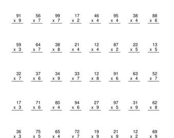 Paquete de hojas de ejercicios de multiplicación de números de dos dígitos por un dígito para 4.º grado / 10 páginas imprimibles + clave de respuestas en PDF
