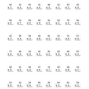 May include: A black and white printed maths worksheet titled Math: Multiplication. The page features six rows of eight multiplication problems, each with two-digit numbers multiplied by single-digit numbers, with blank lines for Name, Date, and Score.