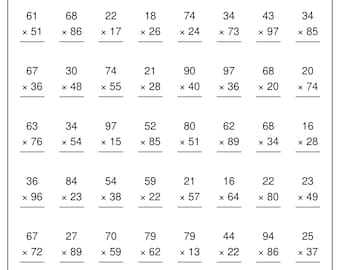 Multiplicación de 2x2 dígitos para 4.º y 5.º grado / Paquete de hojas de trabajo de matemáticas de 10 páginas