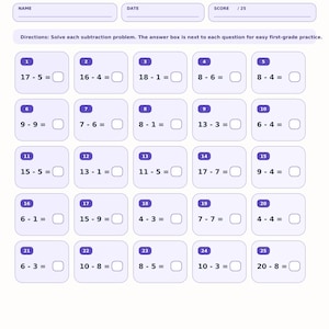 Subtraction Worksheets 1st Grade PDF | 5 Pages 125 Problems with Answer Key | Printable Math