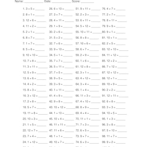 May include: A black and white educational worksheet titled Worksheet 1, featuring one hundred multiplication problems arranged in four columns. Each problem includes a number, a multiplication sign, another number, an equals sign, and a blank line.