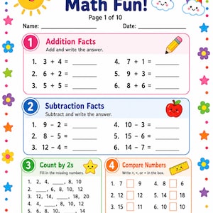 May include: A 1st Grade Math Fun worksheet featuring addition, subtraction, counting by 2s, and number comparison exercises. The page includes a yellow sun, a rainbow, and colourful flowers along the border, with maths problems and blank lines.