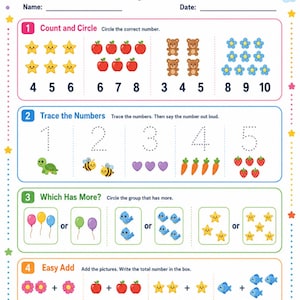 May include: A Kindergarten Math Fun worksheet featuring four sections: Count and Circle, Trace the Numbers, Which Has More, and Easy Add. The page includes colorful illustrations of stars, apples, bears, flowers, turtles, bees, hearts, carrots, strawberries, balloons, birds, and fish.