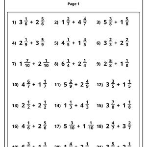 May include: A black and white educational worksheet titled Fraction Fun: Hard Addition! Page 1. It contains twenty-one math problems featuring mixed number addition equations arranged in rows, with instructions to write the answer as a simplified fraction.