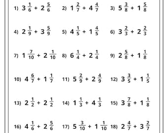 Hojas de ejercicios de suma de fracciones para 4.º y 5.º grado (PDF imprimible / Clave de respuestas incluida)