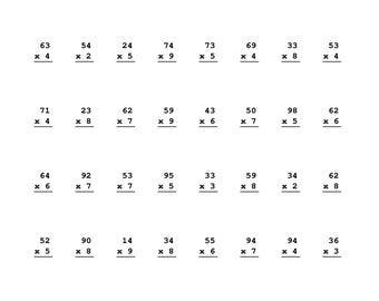 Paquete de hojas de ejercicios de multiplicación de números de dos dígitos por un dígito para 4.º grado / 10 páginas imprimibles + clave de respuestas en PDF