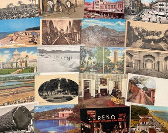 May include: A collection of vintage postcards featuring various scenes including city streets, coastal beaches, architectural landmarks, interior rooms, and a night view of Reno with the text RENO THE BIGGEST LITTLE CITY IN THE WORLD.