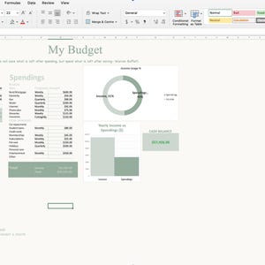 May include: A spreadsheet titled "My Budget" with sections for income, spending, and financial goals. The document includes charts and tables displaying financial data, with a cash balance of £45,500.00.