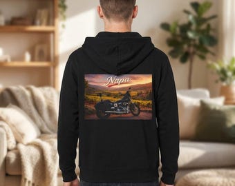 Sudadera con capucha para motociclista Napa / Atardecer en viñedos escénicos con cremallera completa