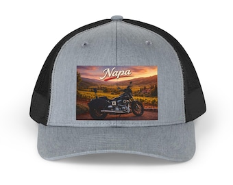 Gorra de camionero con escena de motocicleta Napa / Gorra de malla con paisaje de carretera vintage