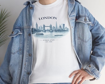Camiseta con el horizonte de Londres / Paisaje urbano de Inglaterra, estampado de acuarela vintage