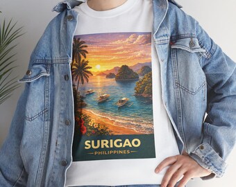 Póster de playa de Surigao, Filipinas: puesta de sol tropical con palmeras
