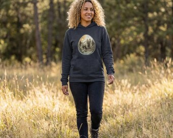 Sudadera con capucha y diseño único de escena de bosque de osos / Ilustración de sol de bosque de manga larga