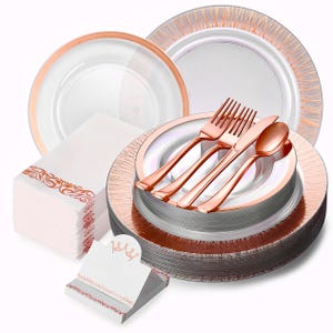 Rose Gold Dinnerware Set for 25 Guests, Disposable Party Plates and Cutlery