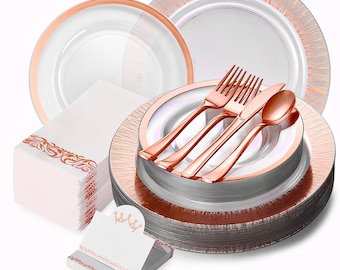 Roségouden servies voor 25 gasten, wegwerpborden en bestek