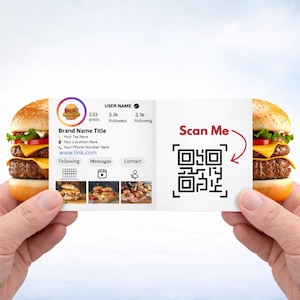 May include: A business card featuring a burger logo, social media details, and a QR code with the text "Scan Me." The card is held between two burger halves. The card includes the text "Brand Name Title" and "www.link.com."
