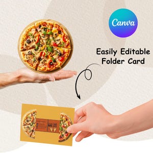 May include: A pizza on a wooden board is held in a hand, with a folder card featuring pizza slices. The card has the text "Easily Editable Folder Card" and the Canva logo. The pizza has toppings like mushrooms, olives, and peppers.
