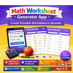 May include: An advertisement for a math worksheet generator app. The image shows a tablet with worksheet settings, printed worksheets, a calculator, and colorful pencils. The app offers features like difficulty levels, answer keys, and color themes. Text on the image reads "Math Worksheet - Generator App."