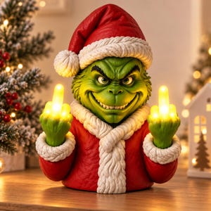 Könnte beinhalten: Eine grüne, grimmig dreinblickende Charakterfigur mit roter Weihnachtsmütze und rotem Mantel mit weißem Pelzbesatz. Die Figur hält beide Hände mit ausgestreckten Mittelfingern nach oben, wobei die Fingerspitzen in einem warmen Gelb leuchten.