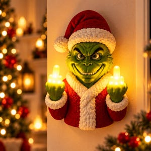 Puede incluir: Una decoración de pared de una criatura verde con gorro y abrigo de Papá Noel rojos con ribete de piel blanca. La figura tiene una expresión traviesa y levanta ambos dedos corazón, iluminados desde el interior con una luz amarilla cálida.