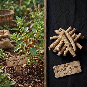 May include: A split-view image showing a green ashwagandha plant with small red berries and a wooden sign labeled ASHWAGANDHA PLANT on the left, and a pile of light brown dried ashwagandha roots with a sign labeled DRIED ASHWAGANDHA ROOTS on the right.